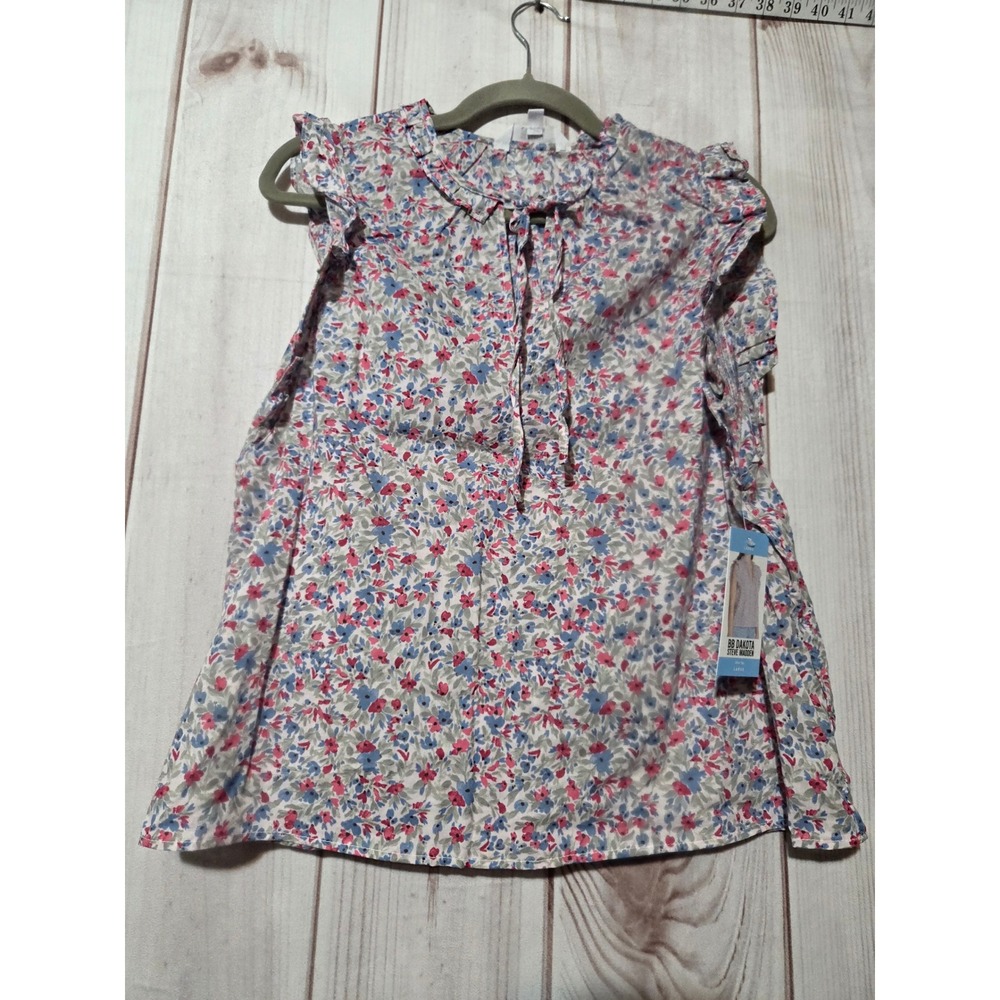 BB Dakota Steve Madden Ditsy Floral Ruffle Tie Neck Top Blue Pink L‎ Cottagecore